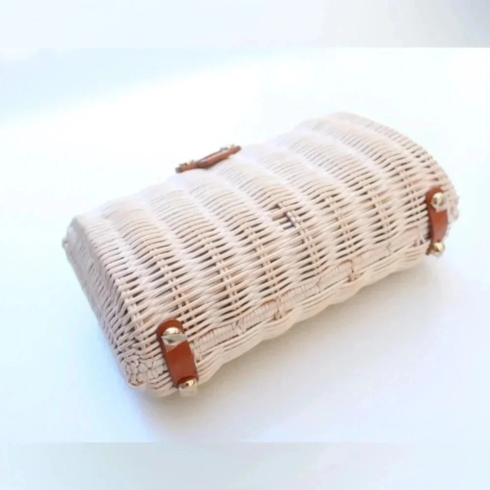 J. McLaughlin Cream Wicker Clutch with Tan Leather Strap